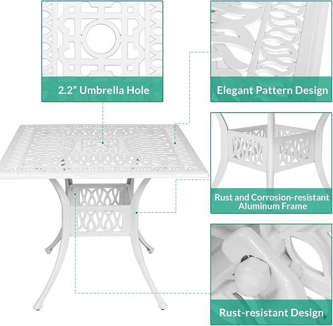 VIVIJASON 5-Piece Outdoor Patio Dining Set, All-Weather Cast Aluminum Conversation Set, Patio Furniture Set for Backyard, Include 4 Swivel Rocker Chairs, a 35.4" Square Table w/Umbrella Hole, White