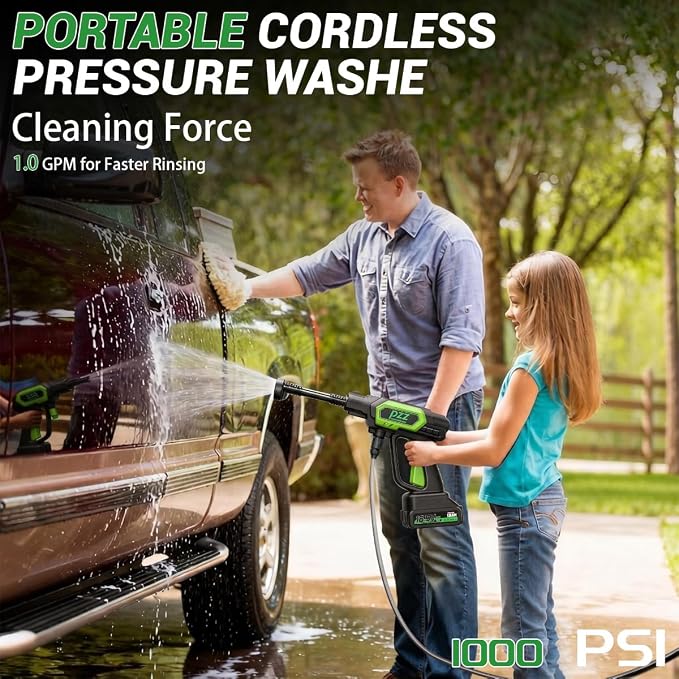 PZZ Cordless Pressure Washer, 1000 PSI Portable Power Cleaner with Dual 18.5V Batteries, 6-in-1 Nozzle & 17FT Hose, Lightweight Battery Powered Car Washer for Patio, Garden & Outdoor Cleaning (Green)