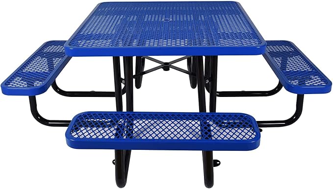 Heavy Duty Picnic Table for Outdoors 3200 lbs Load All Metal Camping Table with Umbrella Hole up to 1.5", Commercial Picnic Table with Benches for School, Coffee Shop, Blue