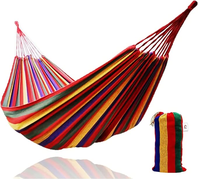 Single Person Rainbow Cotton Fabric Canvas Travel Hammocks 500lbs Ultralight Camping Hammock Portable Beach Swing Bed with Carrying Bag for Outdoors and Indoors