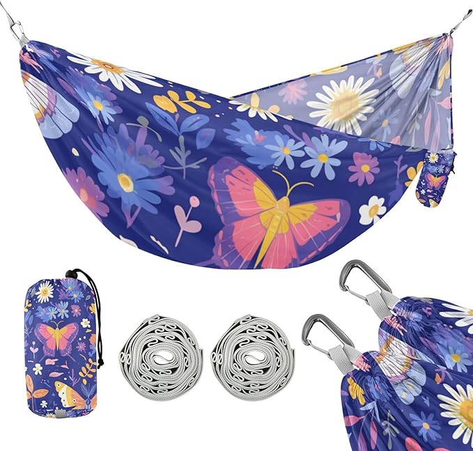 Cartoon-Style Butterflies Insects Bright Colors Leaves Flowers Childlike 330lb Capacity Camping Hammocks with Hanging Rope Hanging Hammock for Outside Patio Garden hamaca inflable para Piscina