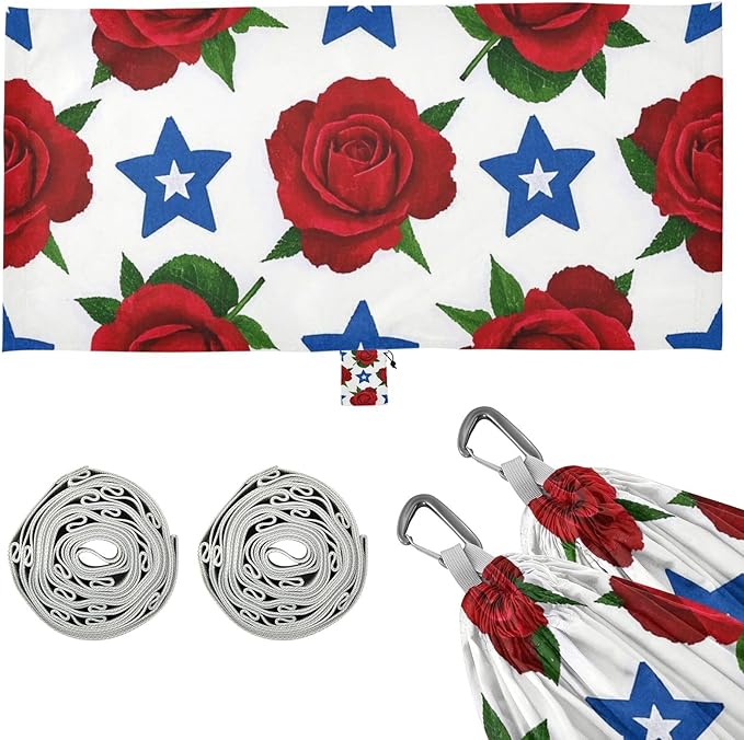 4th of July Independence Day Red Rose Flowers 330lb Capacity Hammocks with Tree Straps Tree Hammock for Outside Beach Patio Garden para ir de Camping