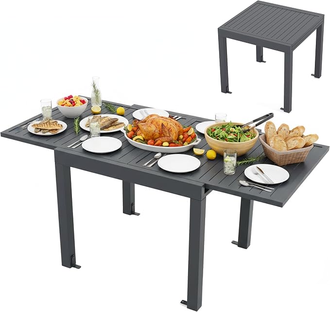 Tangkula 31.5"-63" Extendable Patio Dining Table, Aluminum Outdoor Dining Table for 4-6 People, L-Shaped Brace Included for Fixation, Space-Saving Outside Table for Garden, Porch, Poolside, Dark Grey