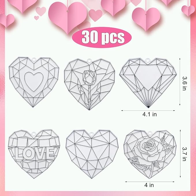 AUEKIV 30 Sets Valentine's Suncatchers Craft DIY Kit Heart Suncatcher Kit for Window Paint Art Suncatchers Valentine's Day Heart Sun Catcher Supplies for Valentine Gift Exchange Activities