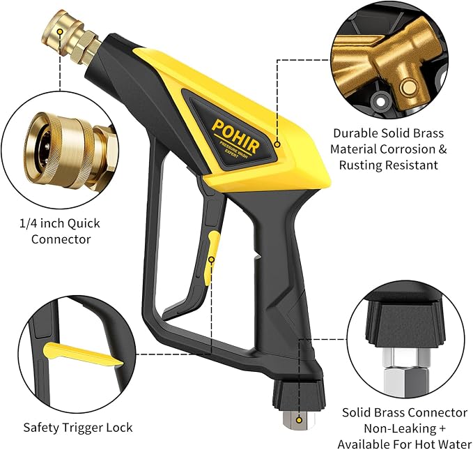 POHIR Short Pressure Washer Gun with Foam Cannon, 1/4 Inch Quick Connector, with 5 Pressure Washer Nozzle Tips 4500 PSI,Transparent 1 Liter