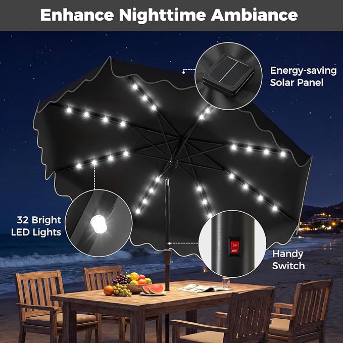 Tangkula 10 FT Solar Patio Umbrella with Base Included, 2-Tiers Outdoor Scalloped Table Umbrella with 32 LED Lights, 2 Sandbags, Tilt Adjustment, Crank, 8 Ribs for Market Backyard Pool Deck Beach Lawn (Gray, 10 FT)