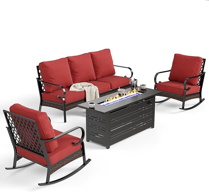 4 Piece Metal Outdoor Patio Furniture Sets with Firepit Table, Patio Conversation Sets 1 3-Seater Sofa, 2 Rocking Sofa with 5.75" Thick Cushion Backyard Furniture for Deck, Rust Red