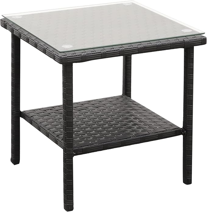 Valita Outdoor Wicker Glass Top Side Table Patio Rattan Square End Table, Black