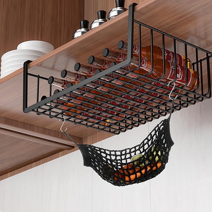 Fruit Vegetable Hammock, 1 Set Black Handmade Macrame Fruit Hammock with Hooks Cotton Fruit Holder Net Under Cabinet Hanging Fruit & Veggie Basket for Saving Kitchen Space