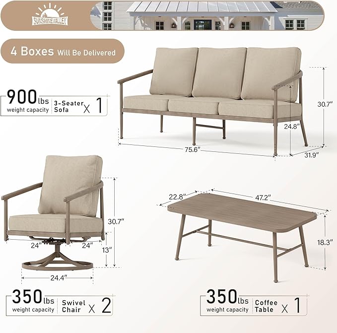 4 Piece Metal Outdoor Patio Furniture Sets, Unique Windsor Style Patio Conversation Sets 1 3-Seater Sofa, 2 Swivel Chair and Coffee Table with 5.75" Thick Cushion, Backyard Furniture