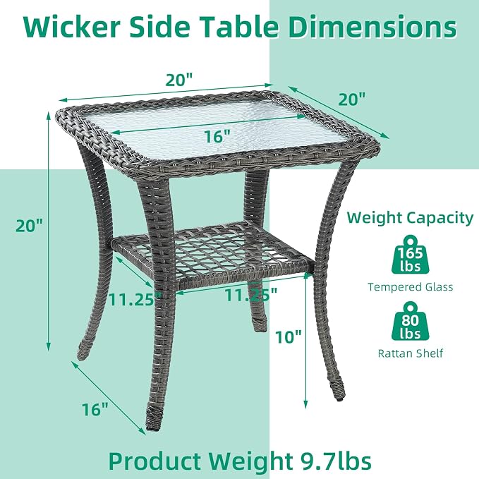 VIVIJASON Outdoor Wicker Side Table, All-Weather Rattan Patio Side Table Bistro Table with 2-Tier Storage, Tempered Glass Top Square End Table for Indoor, Balcony, Garden, Porch, Deck, Gray