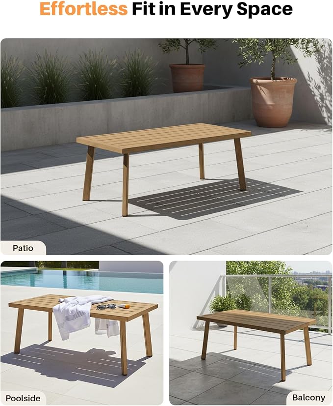 Patio Coffee Table, Never-Rust Aluminum Outdoor Coffee Table with Wood Grain Texture, Modern Rectangle Garden Coffee Table with Slatted Tabletop for Porch, Decks, Indoor, Balcony, Teak