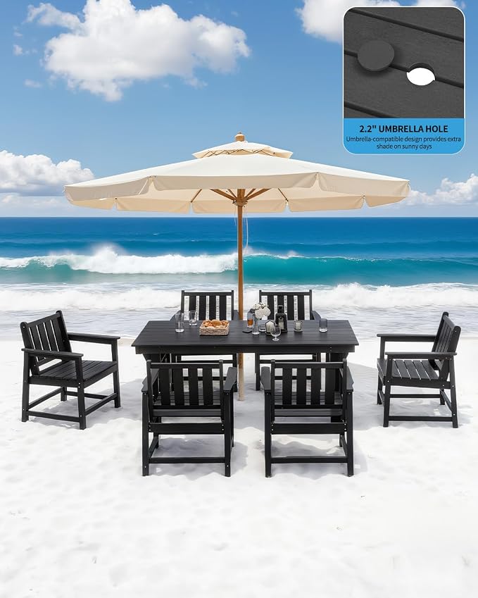7-Piece Patio Dining Table Sets, Outdoor HDPE Dining Furniture Set with Umbrella Hole Table and 6 Chairs for Poolside, Porch, Yard and Garden, Black