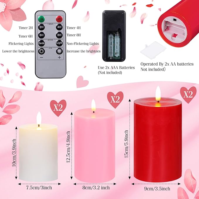 6 Pcs Mother's Day Flameless Candles LED Flameless Pillar Candles Wax LED Fake Candle with Remote and Timer Flickering H 4" 5" 6" for Home Table Dating Wedding Party Decor