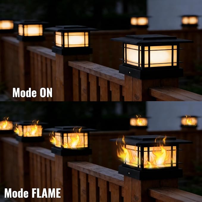 Dynaming 4x4 Solar Post Cap Lights Outdoor with Flickering Flame Light, 2 Pack Black Shell Fence Post Solar Lights Fit 4x4 Vinyl/Wooden Posts, Brightness LED Lighting Decor for Garden Deck Patio