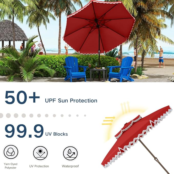 Patiokingdom 9FT Patio Umbrella with Fringe,Tassel Umbrella UPF 50+ & Push-Button Tilt,Rust-Resistant Fiberglass Frame for Pool,Garden,Backyard,Yard (Red)