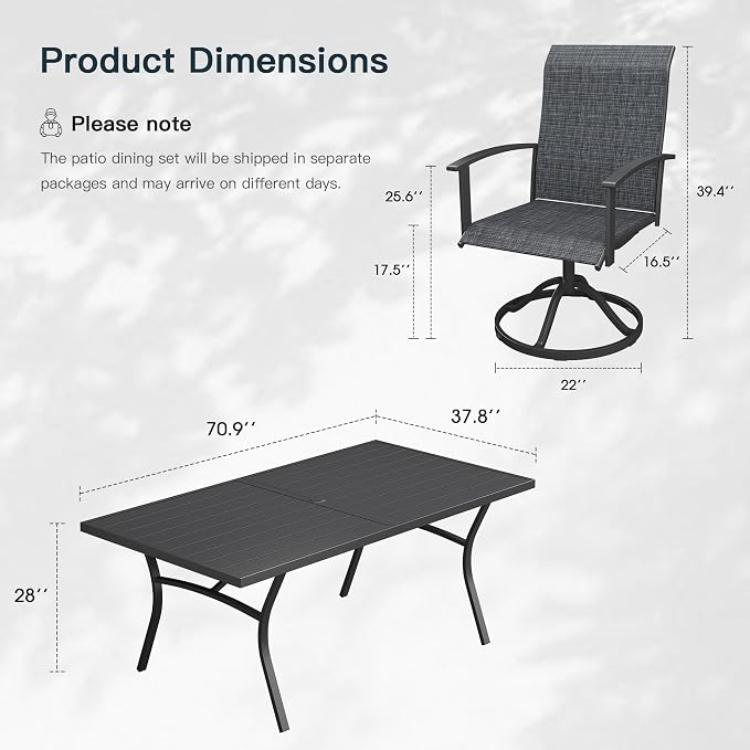 VICLLAX 9 Pieces Patio Outdoor Dining Set, 8 Swivel Textilene Chairs and 70" Rectangular Metal Table with Umbrella Hole for Porch, Deck, Garden, Black