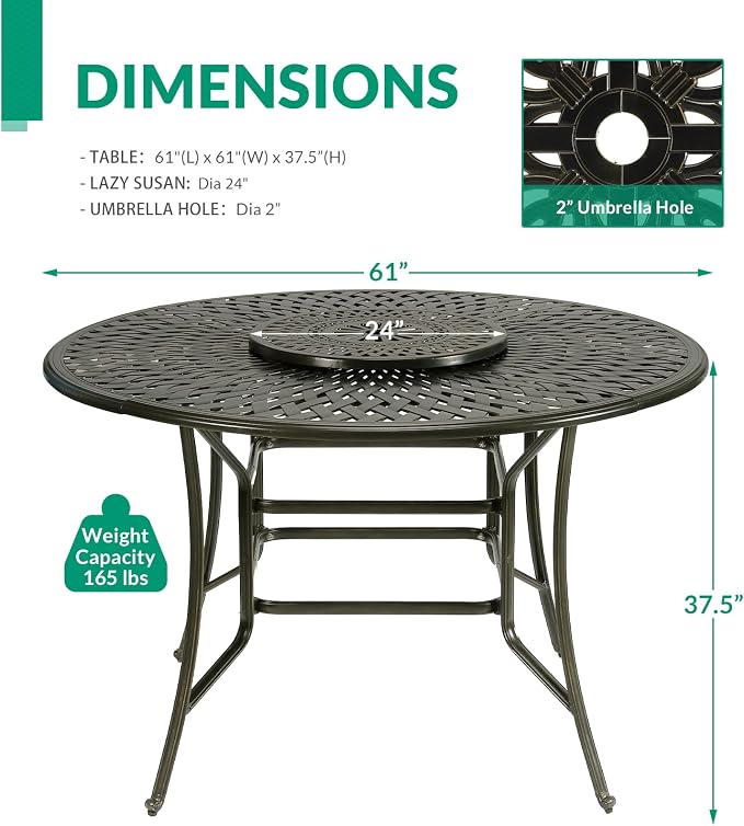 VIVIJASON 61" Patio Round Height Bar Table, All-Weather Cast Aluminum High Top Dining Table with 24" Lazy Susan & Umbrella Hole for Outdoor Balcony, Porch and Deck, Fits for 6-8 Person, Dark Bronze