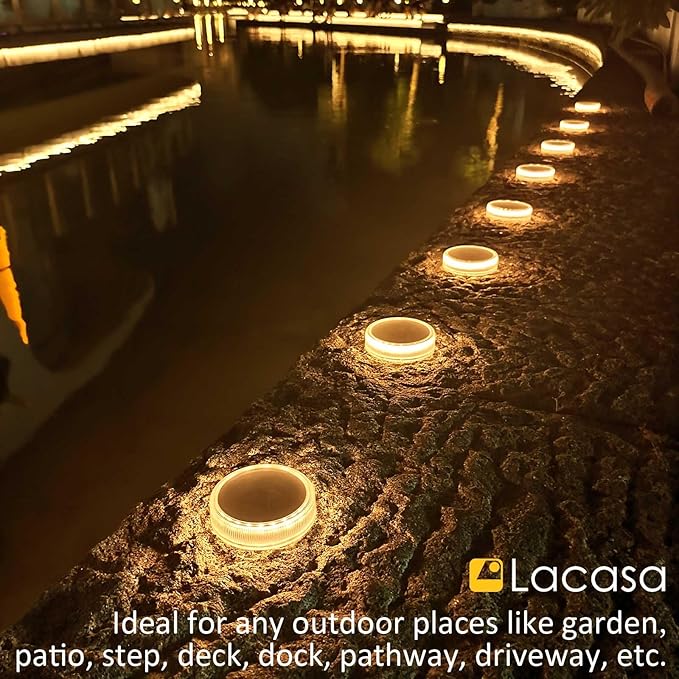 Lacasa 4-Pack Solar Deck Lights Outdoor Waterproof LED, Garden Step Lights Solar Powered Driveway Dock Lights Marine, Dusk to Dawn Lighting for Yard Patio Pathway, Round, Warm White