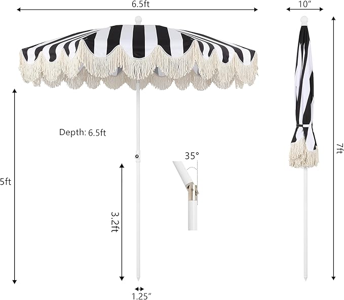 JONATHAN Y Mariner 6.5 ft. Beach Umbrella, Black/White Striped with Fringe, Push-Button Tilt, UPF 50+ Sun Protection and Carrying Bag for Patio and Pool, White Pole UMB1003Q