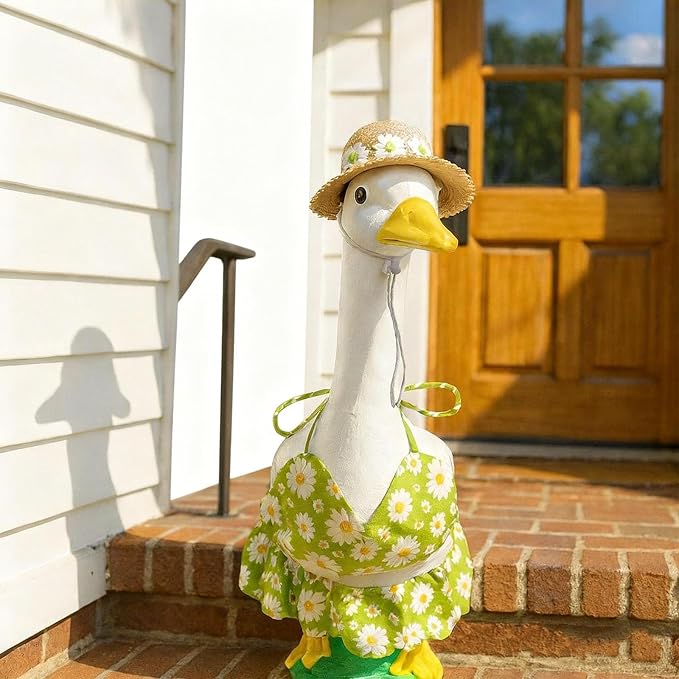 Daisy Goose Outfits 3Pcs Bikini Set for 23" Porch Goose - Spring & Summer Porch Goose Decor with Straw Hat, Daisy Print Top and Skirt, Cute Beach Bikini Goose Outfits for Lawn Garden Patio