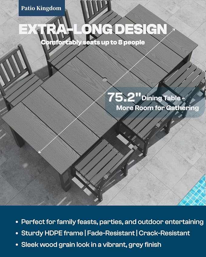 7-Piece Outdoor Dining Set with 11FT Umbrella for 6,Gray | 75.2'' HDPE table, chairs included, weather-resistant furniture with hole, ideal for lawn, poolside, yard, garden, deck