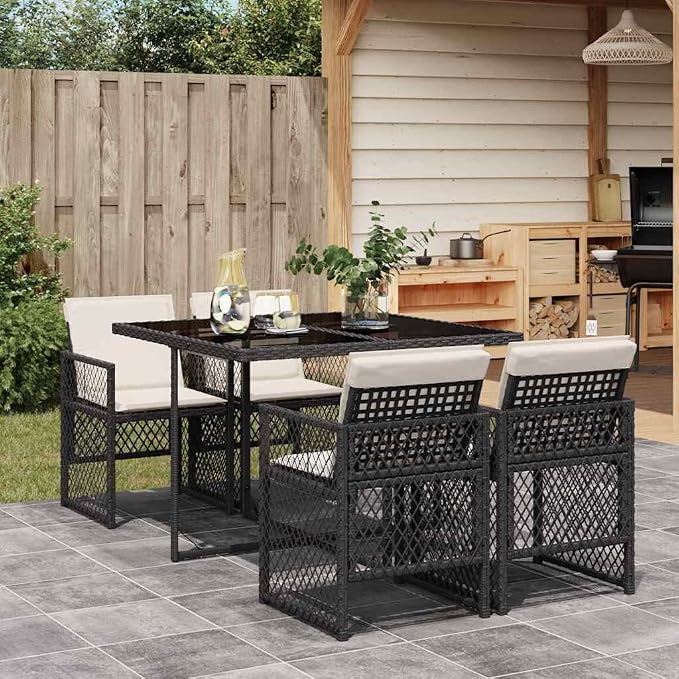 5-Piece Poly Rattan Garden Dining Set with Black Frame and Cream White Cushions, Rectangular Tempered Glass Table and 4 Folding Chairs for Patio Backyard