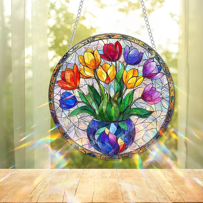 Acrylic Suncatcher Window Hanging, Tulip Flower Sun Catcher Rainbow Indoor Window Decoration for Living Room Bedroom Summer Home Balcony Ornaments, 7.87 inches