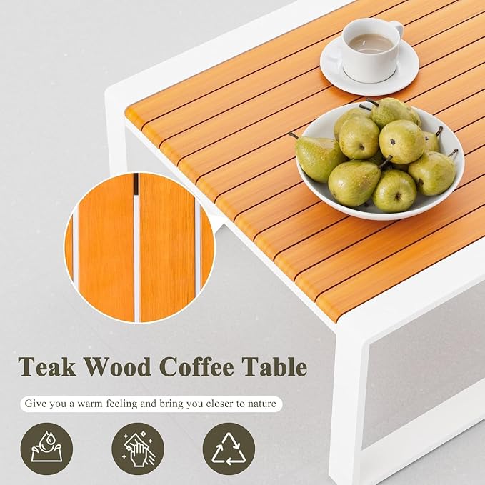 Outdoor Patio Furniture Set, Aluminum Sectional Sofa L Shape Conversation Sets, Modern Metal Patio Couch Sofa and Teak Desktop Aluminum Table for Patio, Porch, Backyard