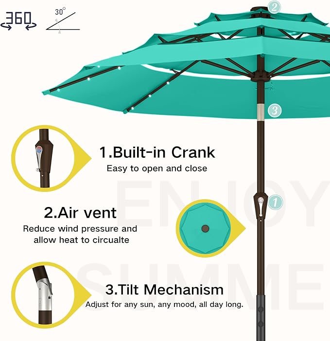 Kingdura 10ft 3-Tier Patio Umbrella with Solar Lights, Table Umbrella Outdoor Patio with Easy Crank & Tilt, 8 Sturdy Ribs, UV Protection, 32 LED Lights for Deck, Poolside, Market (Tiffany blue)