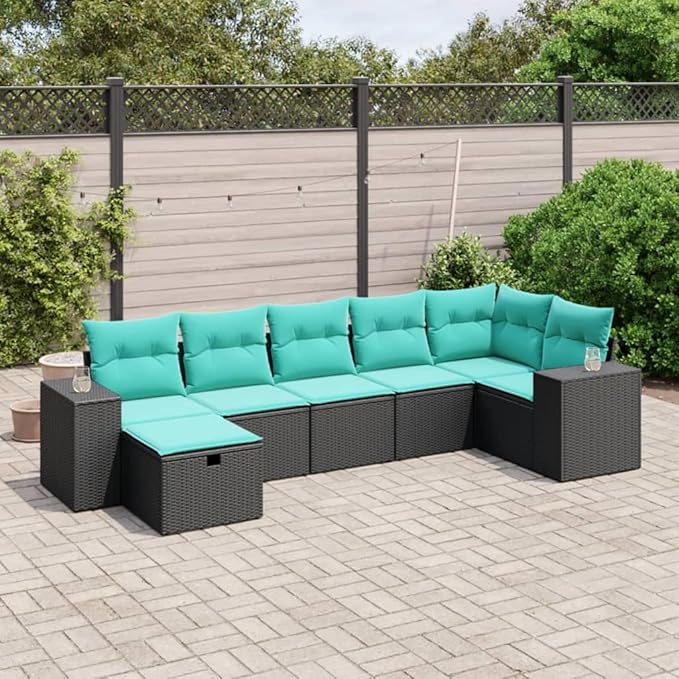 7 Piece Patio Sofa Set with Cushions, Sectional Sofa Outdoor Sofa Sets Patio Conversation Set Porch Furniture Set for Negotiation Area Piazza Poolside Garden Black Poly Rattan