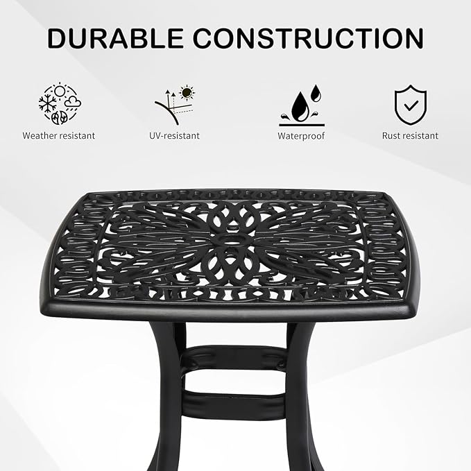 VINGLI 21" Cast Aluminum Outdoor Side Table with Umbrella Hole, All Weather Patio Side Table Bistro Table for Balcony, Yard and Porch (Black)