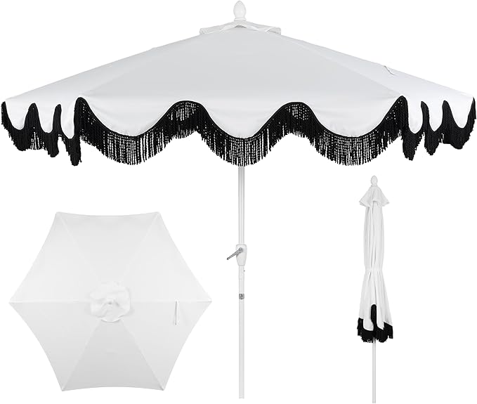 JONATHAN Y UMB1001 Collins 9 ft. Classic Cottage Tassel Market Patio Umbrella with Auto-Tilt, Crank, Wind Vent and UV Protection