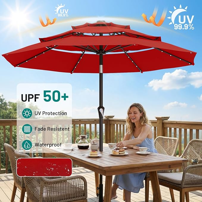 AreShark 9ft 3 Tiers Patio Umbrella with Solar Lights, Outdoor Umbrella w/ 32 LED Lights&8 Sturdy Ribs, Table Umbrella for Deck, Backyard, Pool (Red)