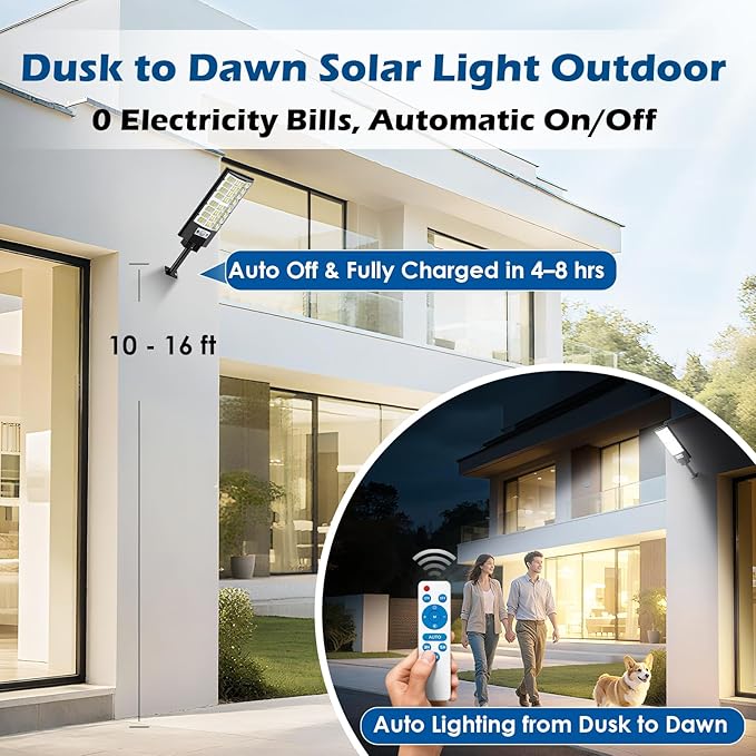 Solar Street Lights Outdoor, Dusk to Dawn Solar Powered LED Lighting Waterproof, Wide Angle Light, Motion Sensor & Remote Control, IP65 Waterproof, Long-Lasting, for Patio, Yard, Outside