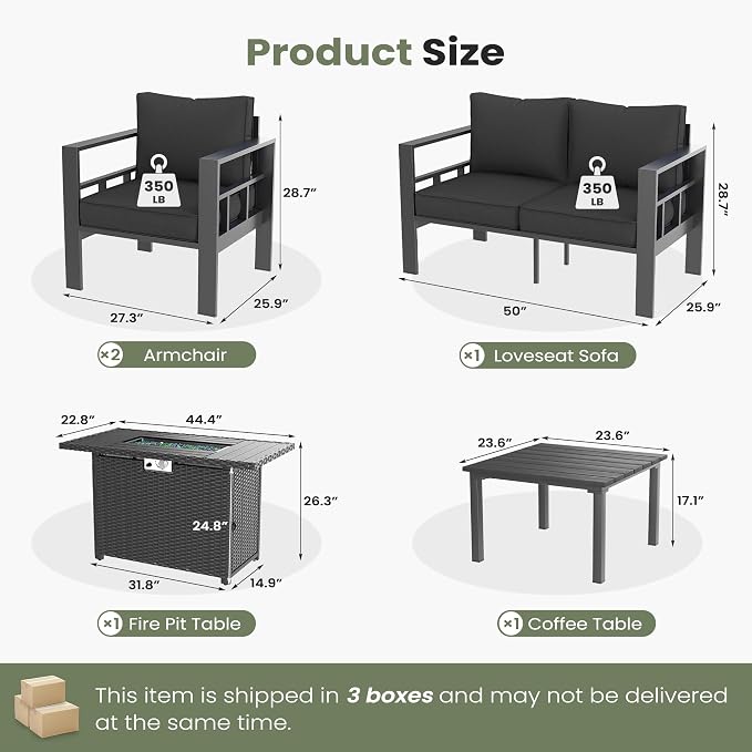 5 Piece Aluminum Patio Furniture Set with 44" Fire Pit Table & Thick Cushions, Aluminum Outdoor Sectional Conversation Set with Coffee Table for Porch, Backyard(Grey/Dark Grey-1)