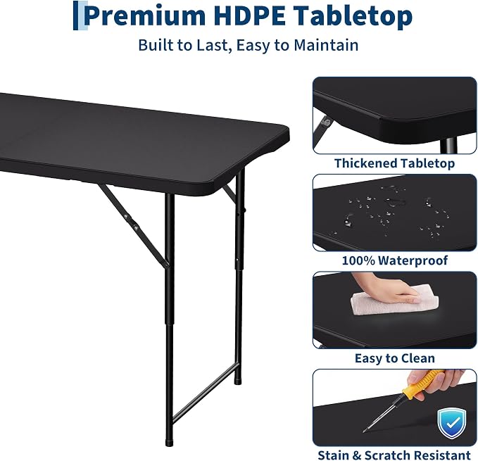 Garvee 4ft Folding Table HDPE Foldable Table with Carrying Handle 3 Adjustable Height Settings Metal Frame Support Up to 400LB Portable for Picnic Camping Party Indoor & Outdoor Use, 1 Pack Black