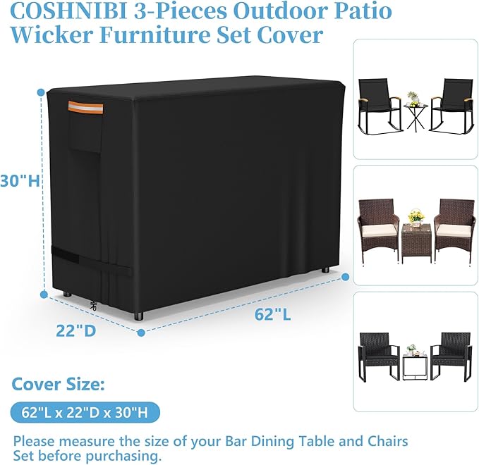 COSHNIBI Bar Height Patio Set Cover for 3 Pieces Patio Bar Dining Table and Chairs Set,Heavy Duty Waterproof Outdoor Bar Table and Chairs Set Cover,62" L x 22" W x 30" H,Black