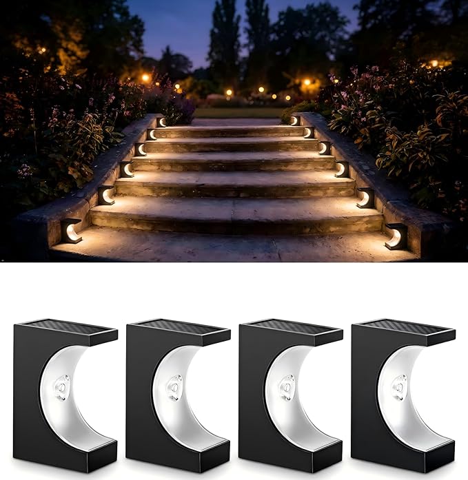 Upgraded Wireless Solar Step Lights. 5X Longer Life Than Ordinary. Strong 3M Adhesive + Screws. IP65 Waterproof for Stairs/Decks/patios. Reliable Performance(Warm White 4 Pack)