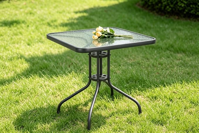 31.5" Outdoor Glass Patio Table, Square Tempered Glass Top with Metal Frame, Bistro Dining Table for Balcony, Garden, Patio, Assembly Required