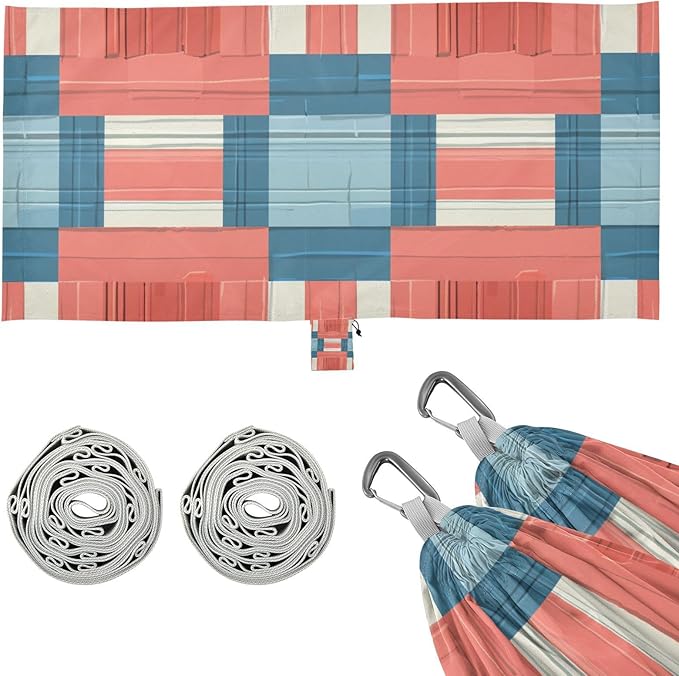 Light Red and Blue Checkered Pattern 330lb Capacity Outdoor Hammock with Portabl Carry Bag Indoor Hammock for Outside Beach Patio Garden Base de hamaca para adultos