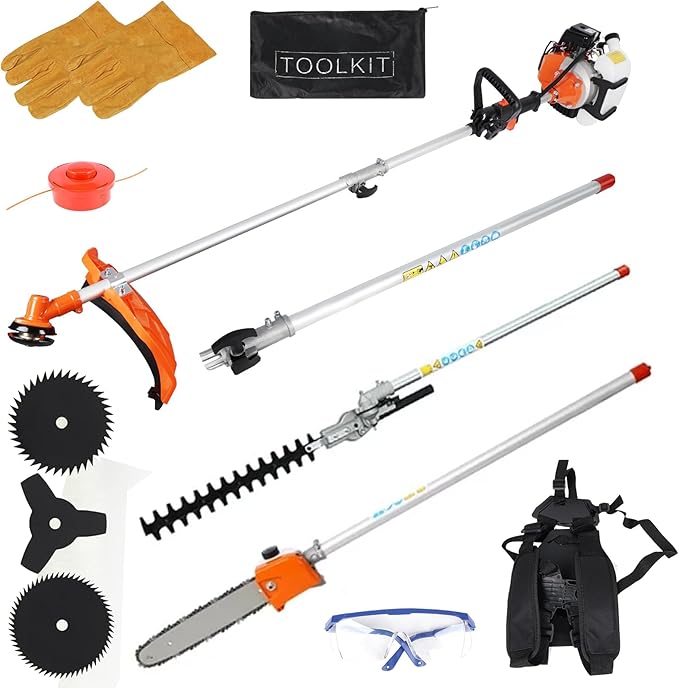 Gas Powered String Trimmer 52cc 6 in 1 Multi Functional Garden Trimming Tools, Weed Eater Gas Powered Hedge Trimmer Lawn Edger, Long Reach Pole Saw for Tree Trimming Branch Brush Cutter