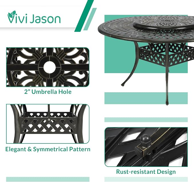 VIVIJASON 9-Piece Outdoor Furniture Dining Set, Rust-Free Cast Aluminum Patio Conversation Set, Include 8 Chairs & 61" Round Dining Table with 31" Lazy Susan, Umbrella Hole for Lawn Garden