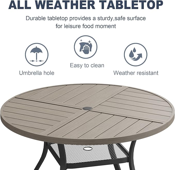VICLLAX 47.2" Round Patio Dining Table for 4-6, All Weather Metal Outdoor Table with 1.57" Umbrella Hole and Storage Shelf for Garden Lawn Deck, Grey