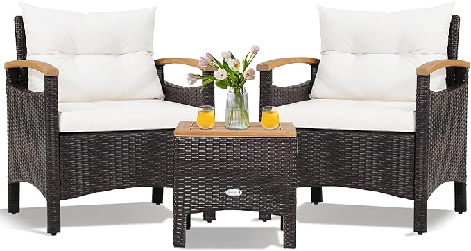 KOTEK 3 Piece Patio Furniture Set, Outdoor Conversation Set with Removable Cushions, Acacia Wood Tabletop and Armrests, PE Rattan Wicker Bistro Set for Porch, Balcony, Backyard (White), Onesize