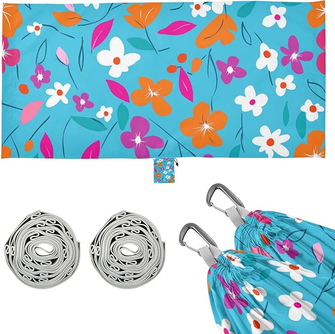 Blue Background Colorful Flowers 330lb Capacity Outdoor Hammocks with Tree Straps Cloth Hammock for Camping & Hiking Essential soporte para hamacas para adultos