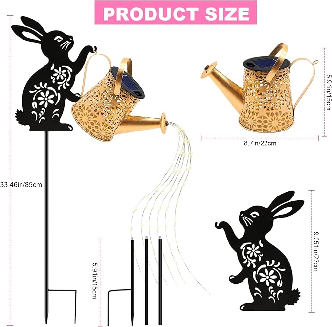 VOOKRY Solar Watering Can Lights Outdoor with Bunny Silhouette Stake, Garden Gifts for Mom, Women & Garden Lovers Waterproof Metal Garden Lantern, Decorative Yard Patio Lawn Pathway Decor(1 Pack)