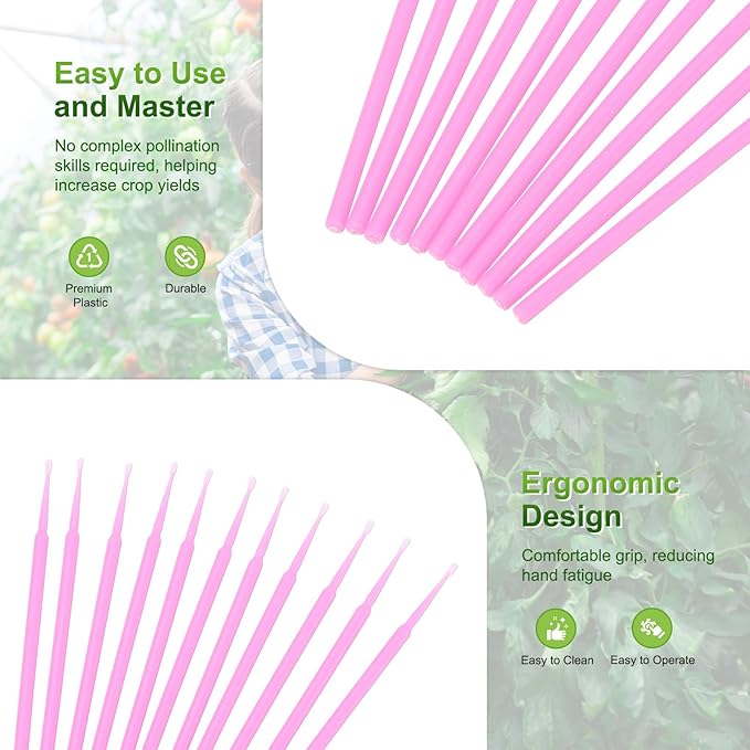 M METERXITY 100-Pack Pollinator Brush, 0.08inch/2mm Plastic Vegetable Pollinator Pen Manual Pollination Tool for Gardening/Greenhouse/Hydroponic Plants/Flowers [Pink]