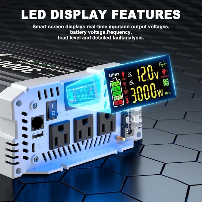 3000 watt Pure sine Wave Inverter, 12V DC to 110V AC Power Inverter, with 3 AC Output sockets, USB Port, Type-C Port, Remote Control with LCD Screen, Used for Solar Emergency Power Supply in RV Homes
