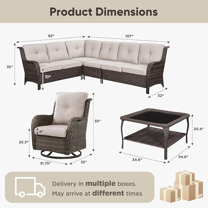 Belord Patio Furniture Set 6 Seats, Outdoor Swivel Rocker Patio Chairs, Oversized Outdoor Sectional Couch, Two 3-Seater Sofas with Coffee Table, Ideal for Porch, Deck, Brown Wicker/Beige